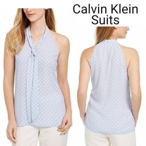 Calvin Klein Wm's Sleeveless X-Fit Slim-Fit Blue White Dot Print Tie Neck Top XS